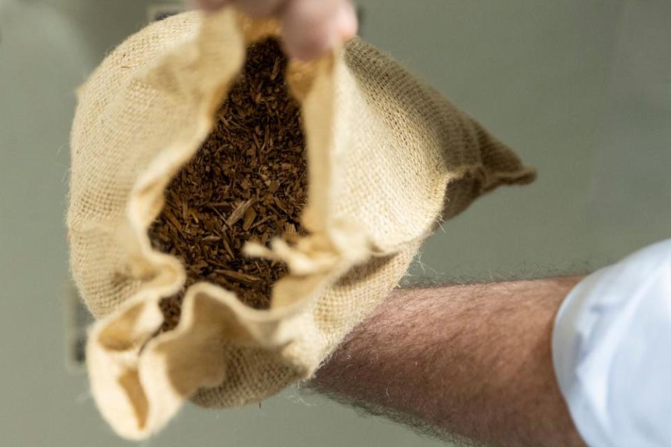 Truman holds a sample bag containing composted animal remains.