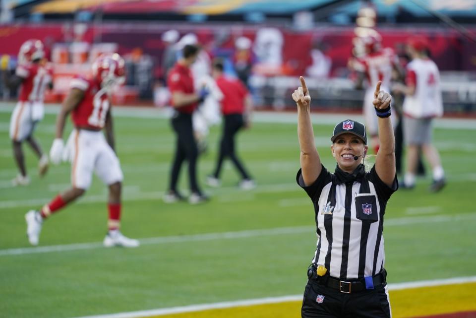 Down judge Sarah Thomas prepares to work Super Bowl LV.