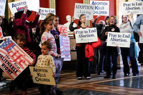 PHOTO: FILE - Protesters fill the Montana state Capitol rotunda in Helena, Mont., on Feb. 11, 2015, during a rally to show support in an attempt to change the Montana Constitution to define life as beginning at conception. (Thom Bridge/AP, FILE)