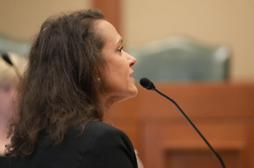 Erin Epley testifies about Attorney General Ken Paxton at the House General Investigating Committee at the Capitol on Wednesday May 24, 2023.