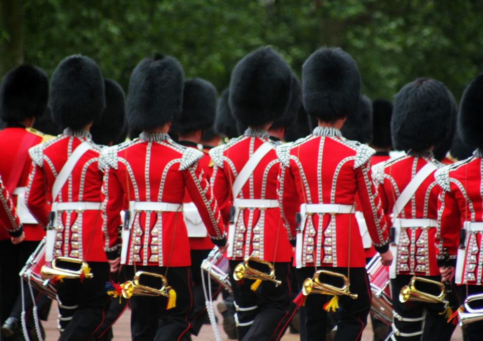 the pipes and drums of the footguards trooping the colour in the mall london england