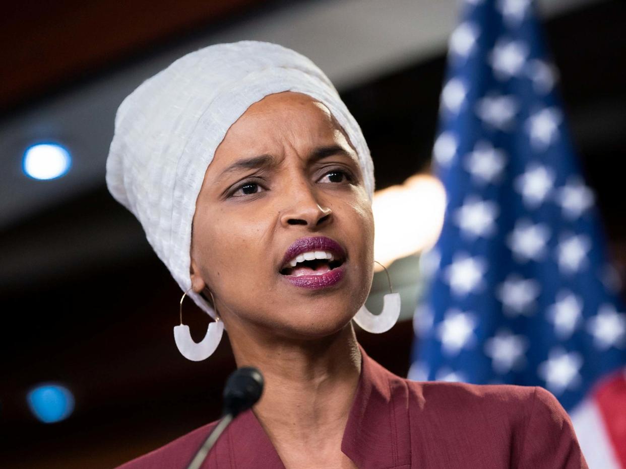 Rep. Ilhan Omar, D-Minn., respond to remarks by President Donald Trump after his call for the four Democratic congresswomen to go back to their "broken" countries, during a news conference at the Capitol in Washington: AP