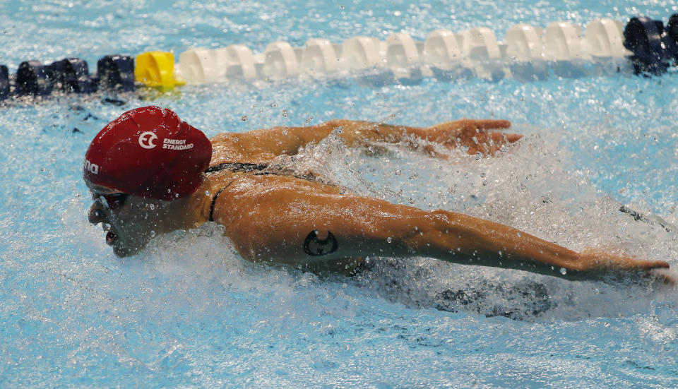 Sarah Sjostrom competes in the women's 100m butterfly during an International Swimming League event Friday, Dec. 20, 2019, in Las Vegas. (AP Photo/John Locher)