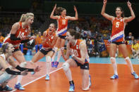 <p>2016 Rio Olympics – Volleyball – Women’s Quarterfinals – South Korea v Netherlands – Maracanazinho – Rio de Janeiro, Brazil -16/08/2016. Dutch players celebrate. REUTERS/Pilar Olivares TPX IMAGES OF THE DAY. FOR EDITORIAL USE ONLY. NOT FOR SALE FOR MARKETING OR ADVERTISING CAMPAIGNS. – RTX2L8DK </p>