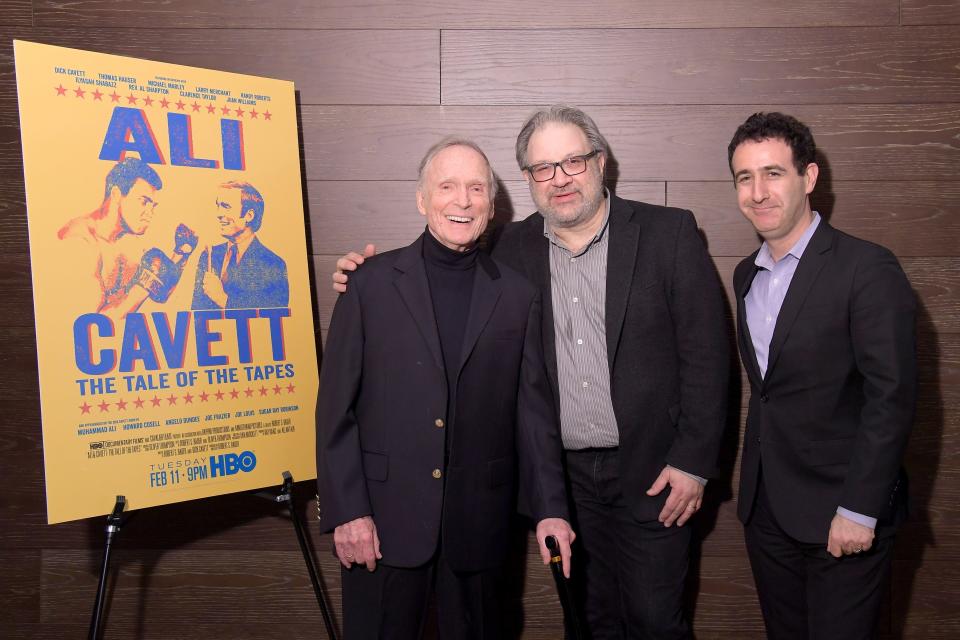 Dick Cavett (left to right), "Ali & Cavett" director Robert S. Bader and HBO Documentary Films director Jesse Weinraub attend the New York premiere of the film at the Warner Media Theater in 2020.