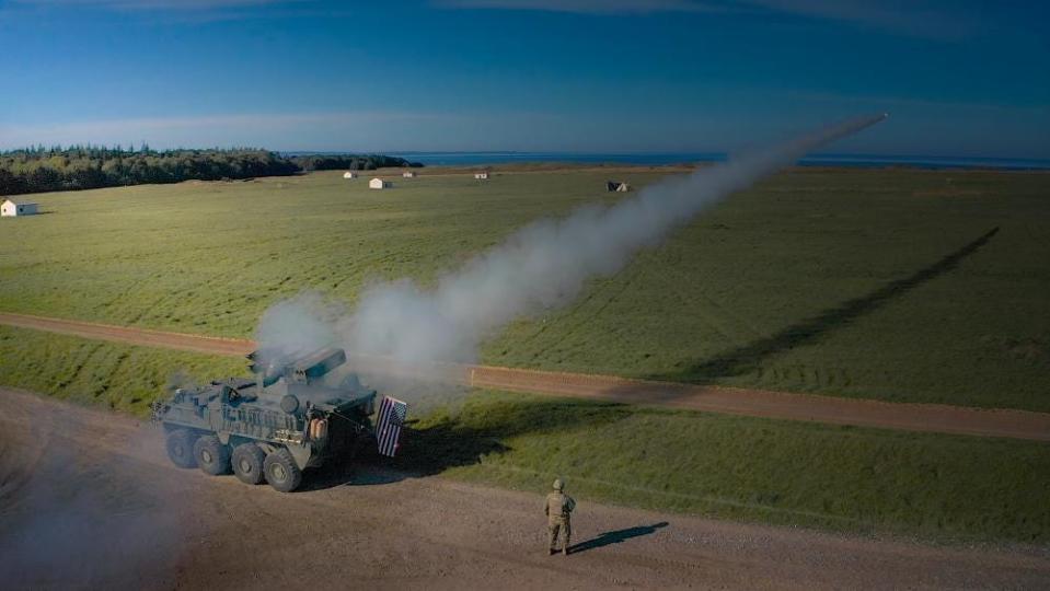 A Stinger missile launches from the new Maneuver Short Range Air Defense system on Oct. 7, 2021