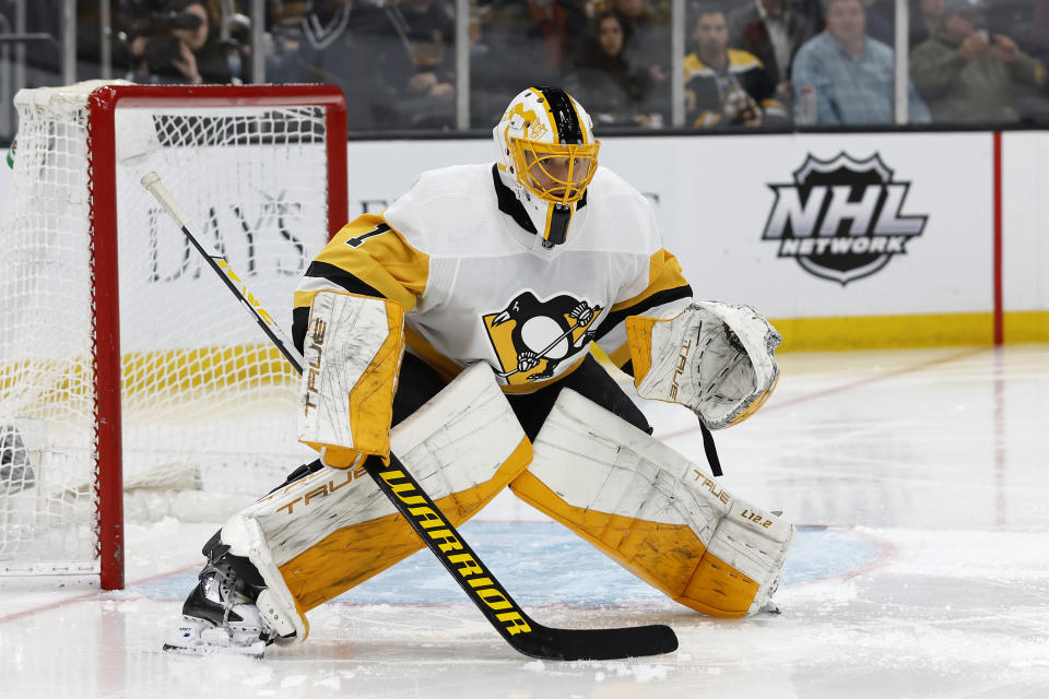 Pittsburgh Penguins goaltender Casey DeSmith during the first period of an NHL hockey game against the Boston Bruins Saturday, April 16, 2022, in Boston. (AP Photo/Winslow Townson)