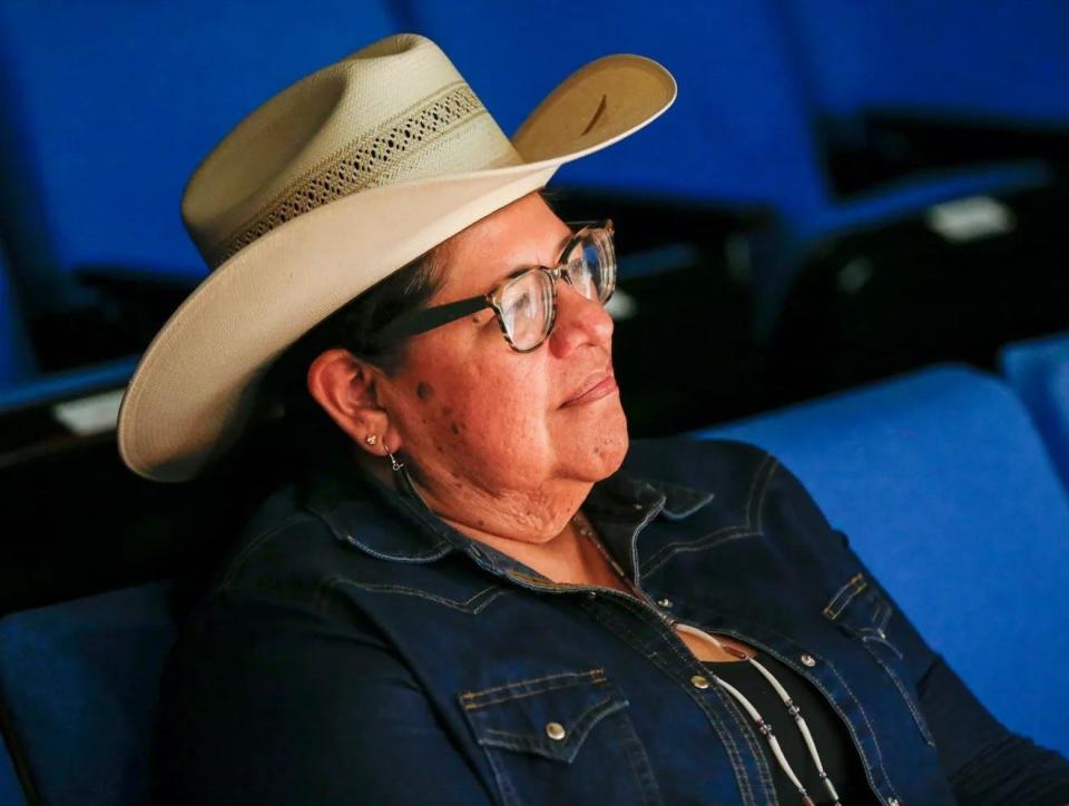 Kickapoo and Creek writer Arigon Starr watches a rehearsal for her play "Round Dance," the featured play for the Ninth Annual Native American New Play Festival, on May 14, 2018, at the Civic Center CitySpace Theatre in Oklahoma City.