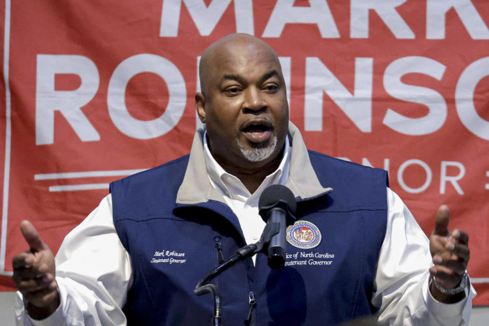 Republican candidate for North Carolina governor Mark Robinson speaks at a rally on Jan. 26, 2024, in Roxboro, N.C. (Chris Seward / AP file)