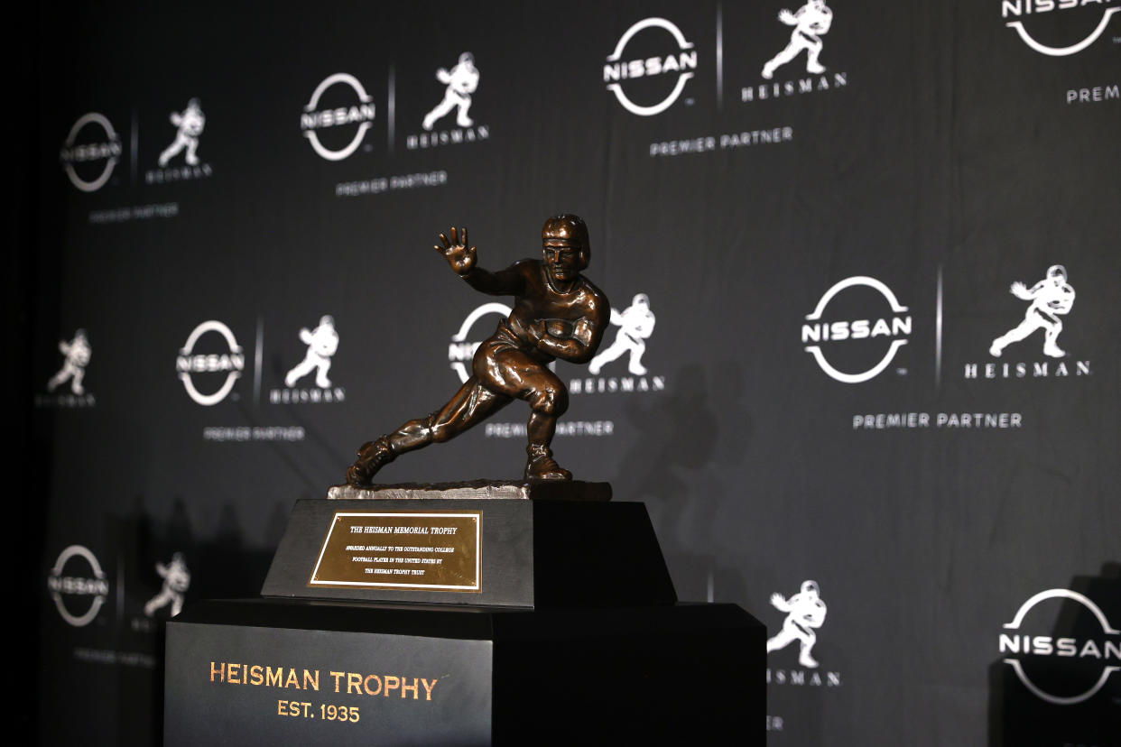 NEW YORK, NEW YORK - DECEMBER 10: A general view of the Heisman Trophy is seen during a press conference prior to the 2022 Heisman Trophy Presentation at New York Marriott Marquis Hotel on December 10, 2022 in New York City. (Photo by Sarah Stier/Getty Images)