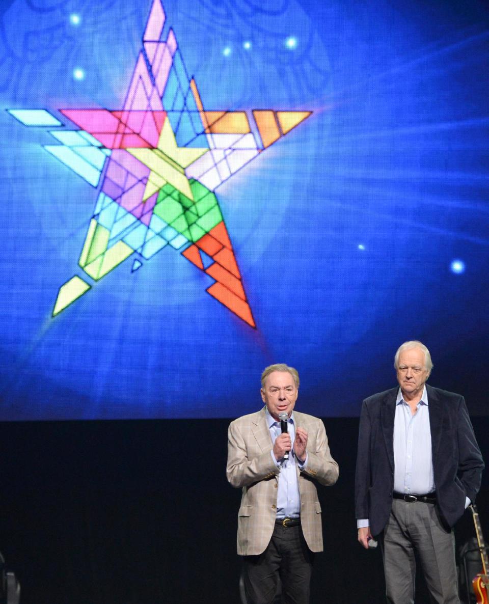 Composer Andrew Lloyd Webber, left, and lyricist Tim Rice announce the new "Jesus Christ Superstar" North American arena tour at a press conference and performance on Friday, April 4, 2014, in New York. (Photo by Evan Agostini/Invision/AP)