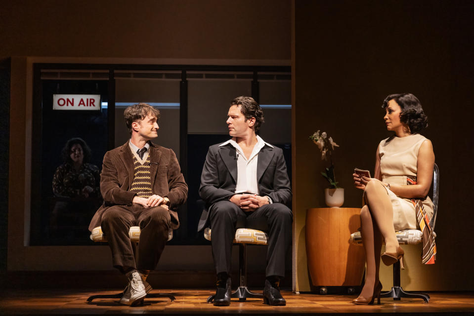 (L-R) Daniel Radcliffe, Jonathan Groff and Natalie Wachen in ‘Merrily We Roll Along’