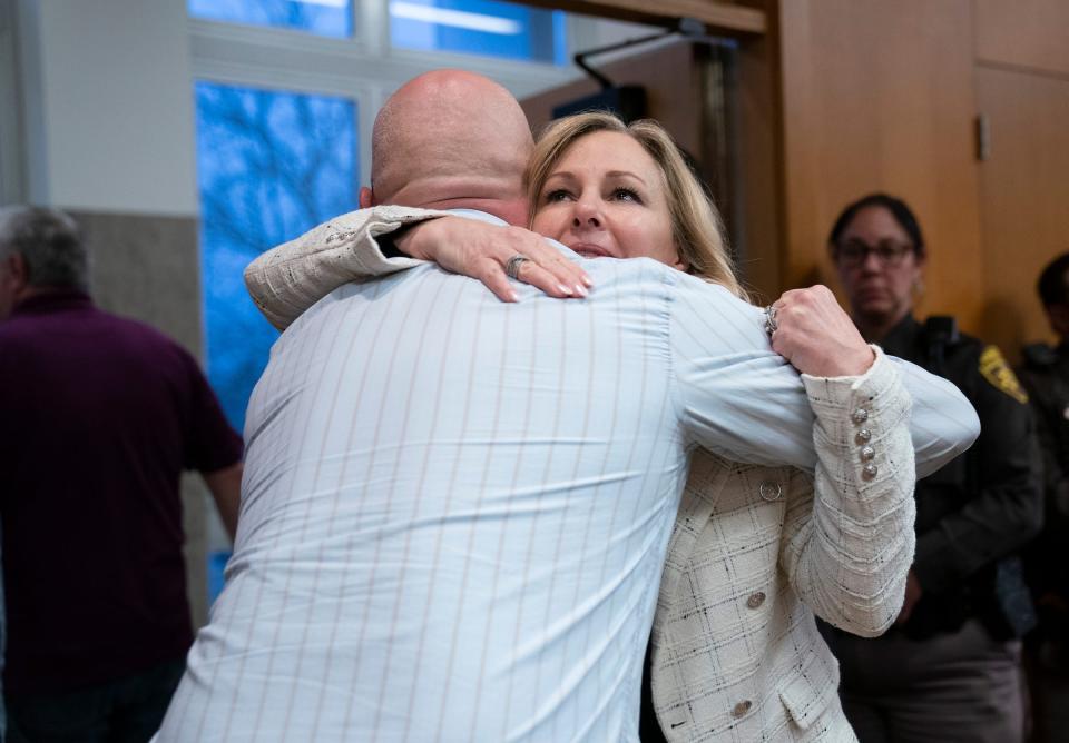 Craig Shilling, father of murder victim Justing Shilling, hugs Oakland County Prosecutor Karen McDonald after James Crumbley was found guilty on all four counts of involuntary manslaughter on March 14. Crumbley was tried for the four students killed in the 2021 Oxford High School shooting perpetrated by his son, Ethan Crumbley.