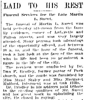 An old newspaper clipping with a headline and deck that reads: "Laid to his rest: Funeral services for the late Martin L. Sweet."