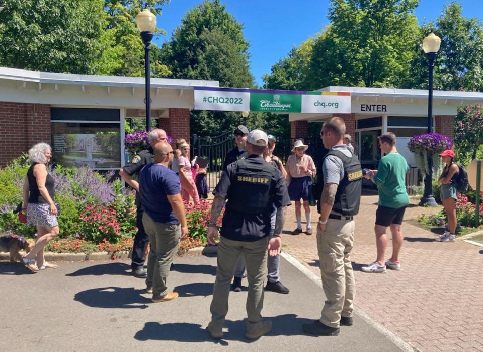 Law enforcement were on the scene, on Aug. 12, 2022, at Chautauqua Institution in Mayville, New York, following an attack on author Salman Rushdie, who was lecturing at the Institution's Amphitheater on Friday morning.