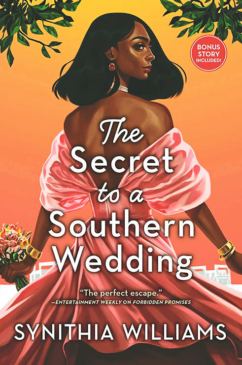 The Secret To a Southern Wedding Book cover by Synithia Williams. Cover shows a pretty Black woman with shoulder-length hair in a lovely pink off-the-shoulder gown