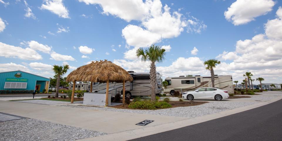 RVs parked at a RV park on a blue sunny day.