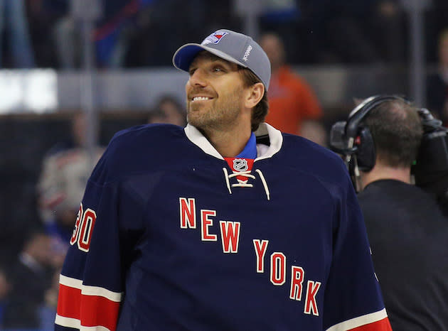 NEW YORK, NEW YORK - APRIL 09: Henrik Lundqvist #30 of the New York Rangers looks at the crowd following the game against the Detroit Red Wings at Madison Square Garden on April 9, 2016 in New York City. The Rangers defeated the Red Wings 3-2. (Photo by Bruce Bennett/Getty Images)