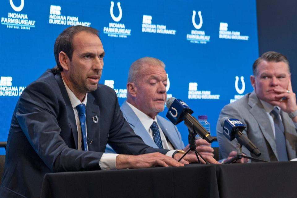 Shane Steichen, left, speaks at a press conference Tuesday, Feb. 14, 2023 announcing that he is the new Indianapolis Colts Head Coach. Colts Owner and CEO Jim Irsay, center, and General Manager Chris Ballard introduced the new coach in the Gridiron Hall of the Indiana Farm Bureau Football Center.