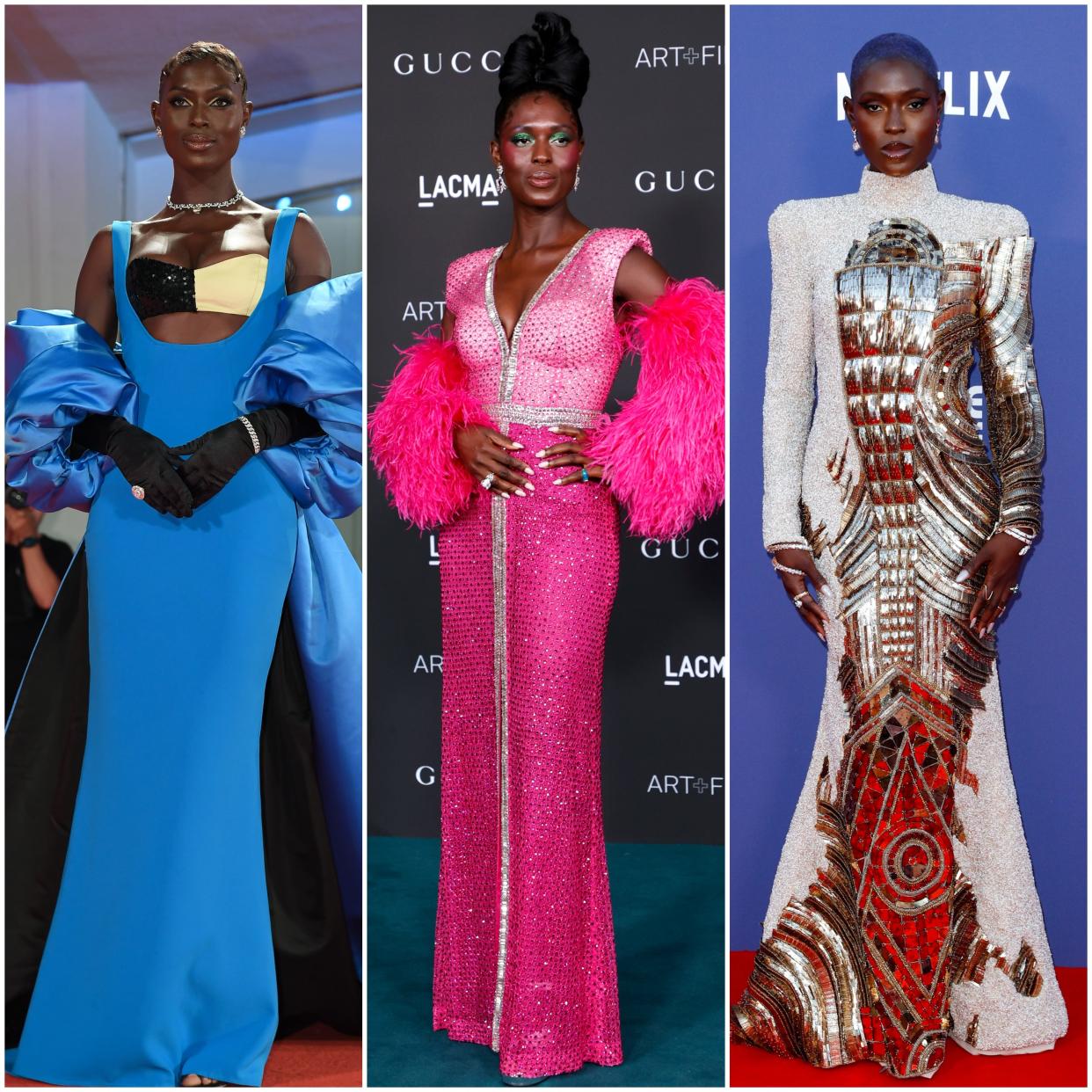 Jodie Turner-Smith in a split image of her in September 2022, November 2021, and October 2022 on the red carpet.