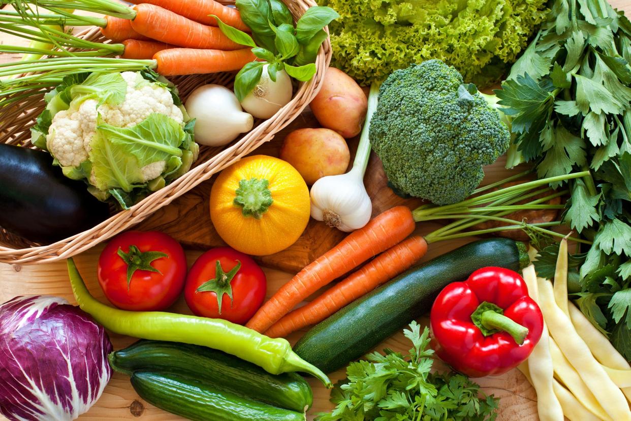 Close up of various colorful raw vegetables