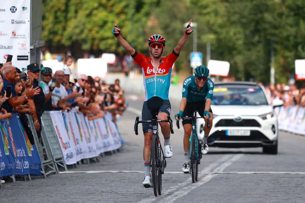  SEGOVIA SPAIN  JULY 27 Eduardo Sepúlveda of Argentina and Team LottoDstny celebrates at finish line as stage winner ahead of Pablo Castrillo of Spain and Team Kern Pharma during the 37th Vuelta a Castilla Y Leon 2023 Stage 2 a 1862km stage from Coca to Segovia on July 27 2023 in Segovia Spain Photo by Gonzalo Arroyo MorenoGetty Images 
