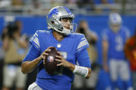 Detroit Lions quarterback Jared Goff throws during the first half of a preseason NFL football game against the Buffalo Bills, Friday, Aug. 13, 2021, in Detroit. (AP Photo/Duane Burleson)