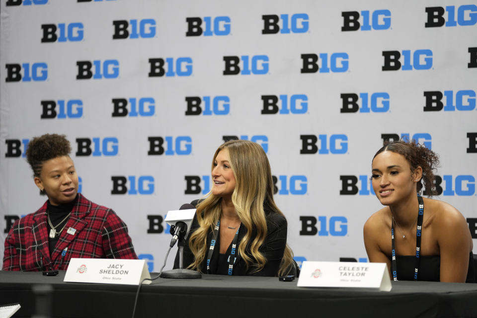 Ohio state players Rikki Harris, left, Jacy Sheldon, center, and Celeste Taylor answer questions during Big Ten NCAA college basketball Media Days Monday, Oct. 9, 2023, in Minneapolis. (AP Photo/Abbie Parr)