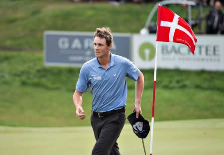 Thomas Pieters of Belgium reacts during the Made in Denmark, European Tour golf tournament, final round in Farso, August 28, 2016. REUTERS/Henning Bagger/Scanpix Denmark