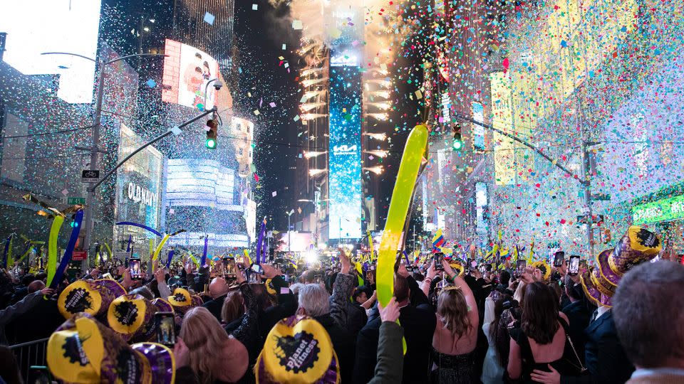 Confetti fills the air as revelers celebrate in New York City's Times Square on January 1, 2022. - Liao Pan/China News Service/Getty Images