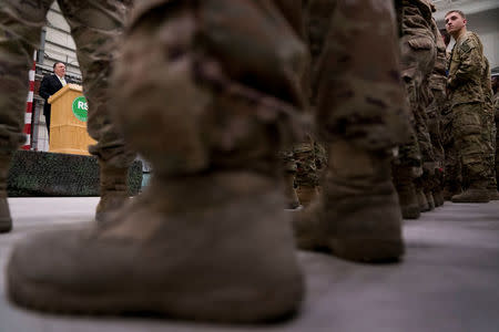 Secretary of State Mike Pompeo speaks to the coalition forces at Bagram Air Base, Afghanistan July 9, 2018. Andrew Harnik/Pool via Reuters