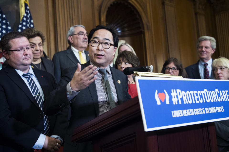 Rep. Andy Kim, D-N.J., speaks during a rally in the Capitol Building to call on the Senate to vote on House Democrats' prescription drugs and health care package on Wednesday, May 15, 2019. (Tom Williams/CQ Roll Call via Getty Images)