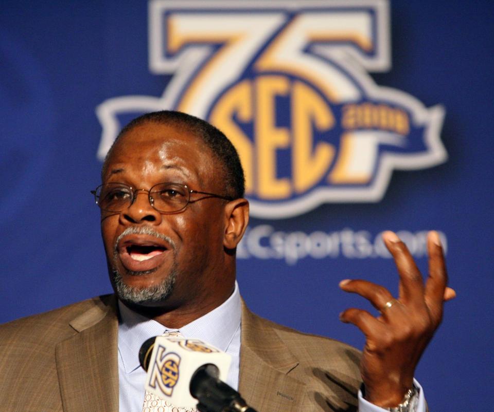 Sylvester Croom answers questions during SEC Media Days on July 26, 2007, at the Wynfrey Hotel in Hoover. Croom played college football for the University of Alabama and went on to become head football coach at Mississippi State University for five seasons.