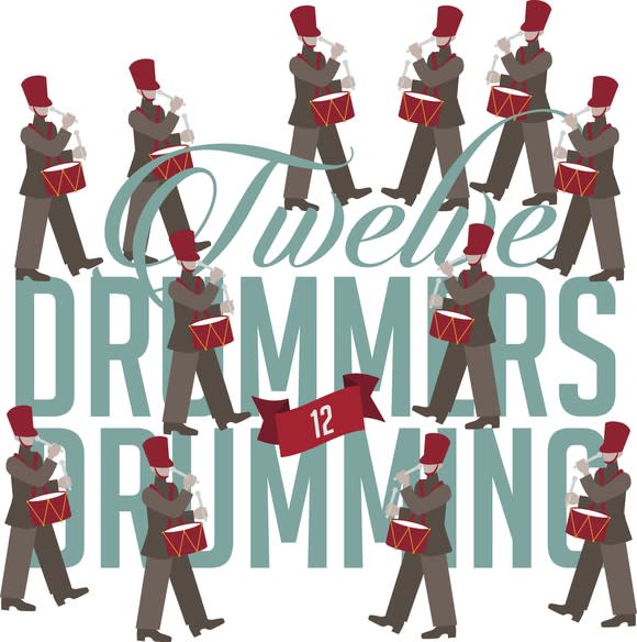 An illustrations shows 12 drummers drumming