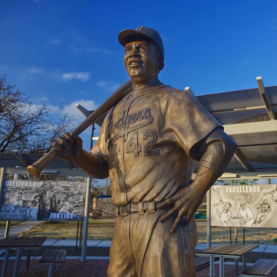 The Jackie Robinson statue at McAdams Park, before it was stolen and destroyed