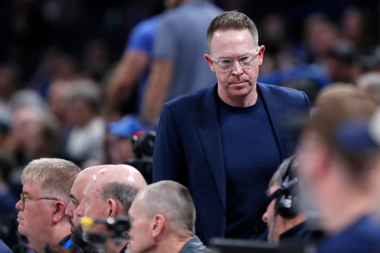 Oklahoma City executive vice president and general manager Sam Presti is pictured during an NBA basketball game between the Oklahoma City Thunder and the Los Angeles Clippers at Paycom Center in Oklahoma City, Thursday, Feb. 22, 2024. The Thunder won 129-107.