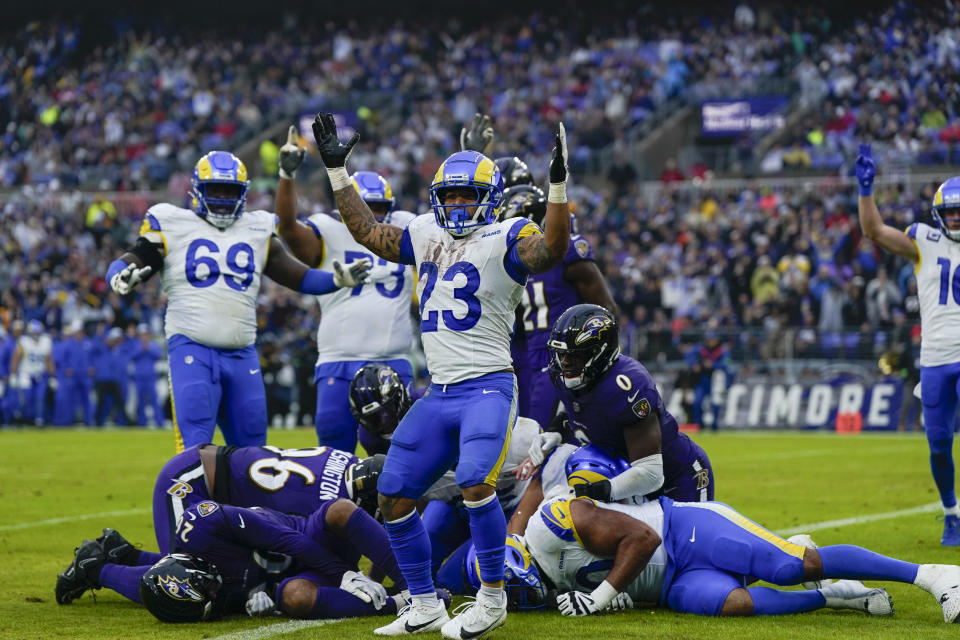 Los Angeles Rams running back Kyren Williams (23) gestures after tight end <a class="link " href="https://sports.yahoo.com/nfl/players/40164" data-i13n="sec:content-canvas;subsec:anchor_text;elm:context_link" data-ylk="slk:Davis Allen;sec:content-canvas;subsec:anchor_text;elm:context_link;itc:0">Davis Allen</a> (87). Mandatory Credit: Jessica Rapfogel-USA TODAY Sports