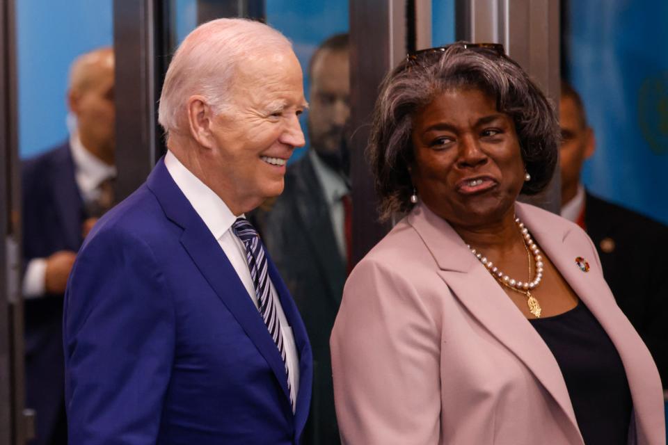 President Joe Biden and U.N. Ambassador Linda Thomas-Greenfield arrive for the 78th session of the United Nations General Assembly (UNGA) at U.N. headquarters on September 19, 2023 in New York City. World heads of state and representatives of government attended amidst multiple global crises such as Russia's illegal war against Ukraine.