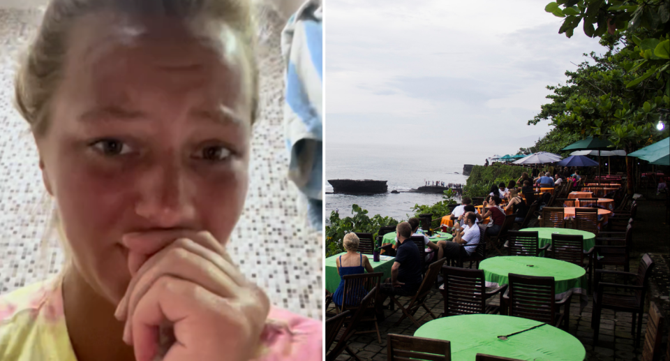 Left image is a screenshot of the influencer, Aili, from her TikTok video. Right image is of tourists in Bali at a restaurant.