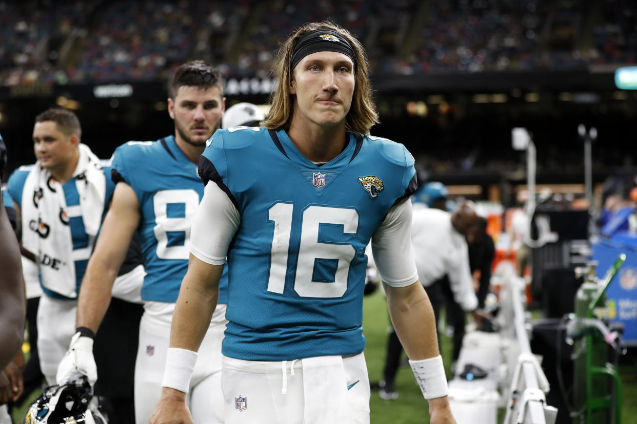 Trevor Lawrence has struggled but he's still going to be the Jaguars' opening day starter. Right? (AP Photo/Tyler Kaufman)