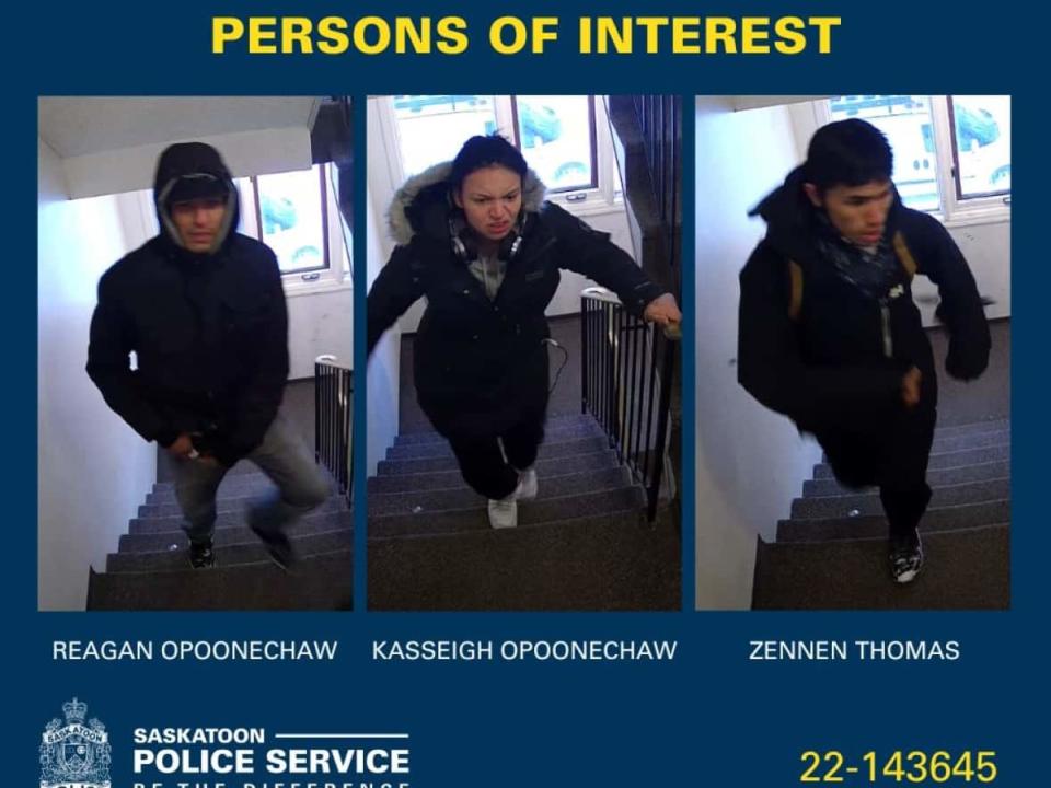 Zennen Thomas, right, is wanted on a warrant, while police describe Reagan Opoonechaw, left, and Kasseigh Opoonechaw as 'persons of interest' in the city's 10th homicide. (Saskatoon Police Service - image credit)