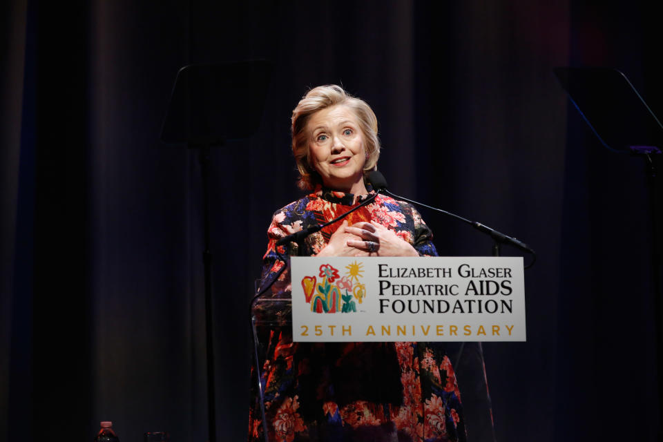 NEW YORK, NY - DECEMBER 03:  Global Impact Award Recipient Hillary Rodham Clinton speaks during Elizabeth Glaser Pediatric AIDS Foundation's Global Impact Award Gala Dinner Honoring Hillary Clinton at Best Buy Theater on December 3, 2013 in New York City.  (Photo by Cindy Ord/Getty Images for Elizabeth Glaser Pediatric AIDS Foundation)