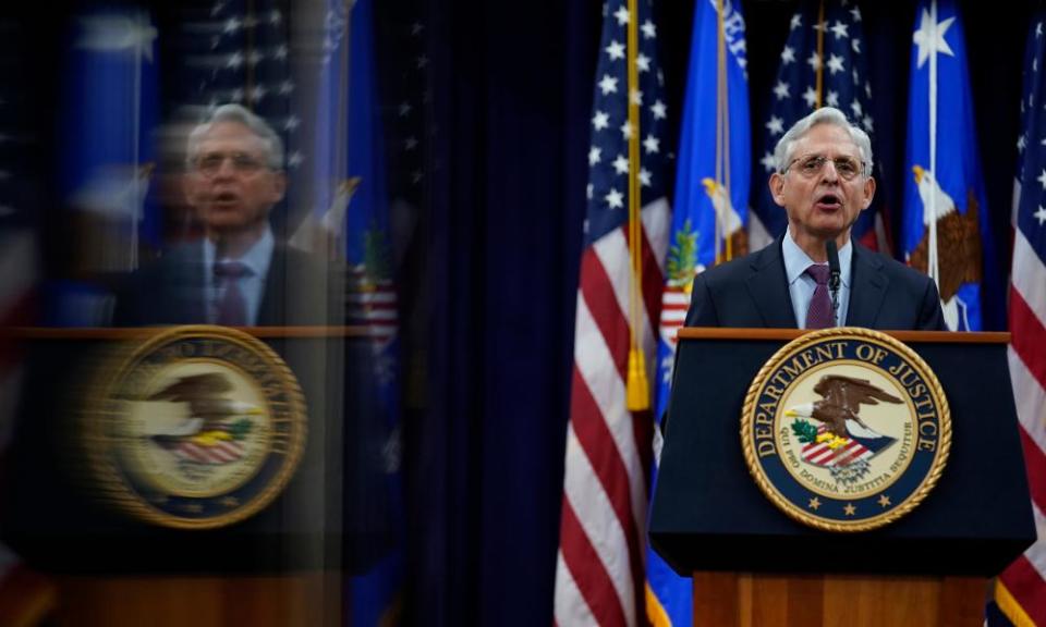 Merrick Garland speaks at the Department of Justice.