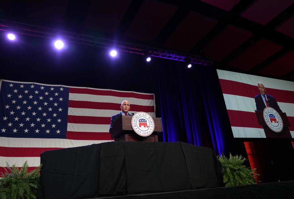 Former Republican vice president and current presidential candidate hopeful Mike Pence speaks during the Lincoln Dinner on Friday, July 28, 2023, at the Iowa Events Center in Des Moines.