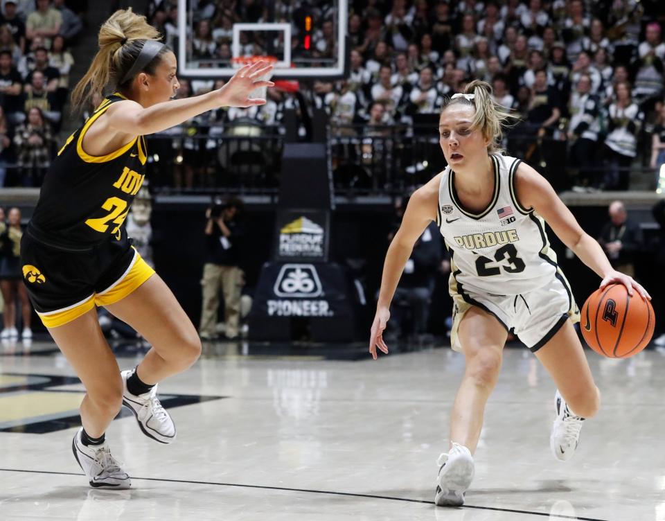Iowa Hawkeyes guard Gabbie Marshall (24) defends Purdue Boilermakers guard Abbey Ellis (23) during the NCAA women’s basketball game, Wednesday, Jan. 10, 2024, at Mackey Arena in West Lafayette, Ind.