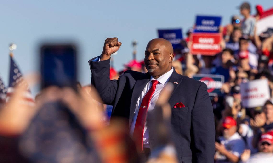Lt. Gov. Mark Robinson takes the stage during a rally featuring former president Donald Trump at Wilmington International Airport Friday, Sept. 23, 2023.