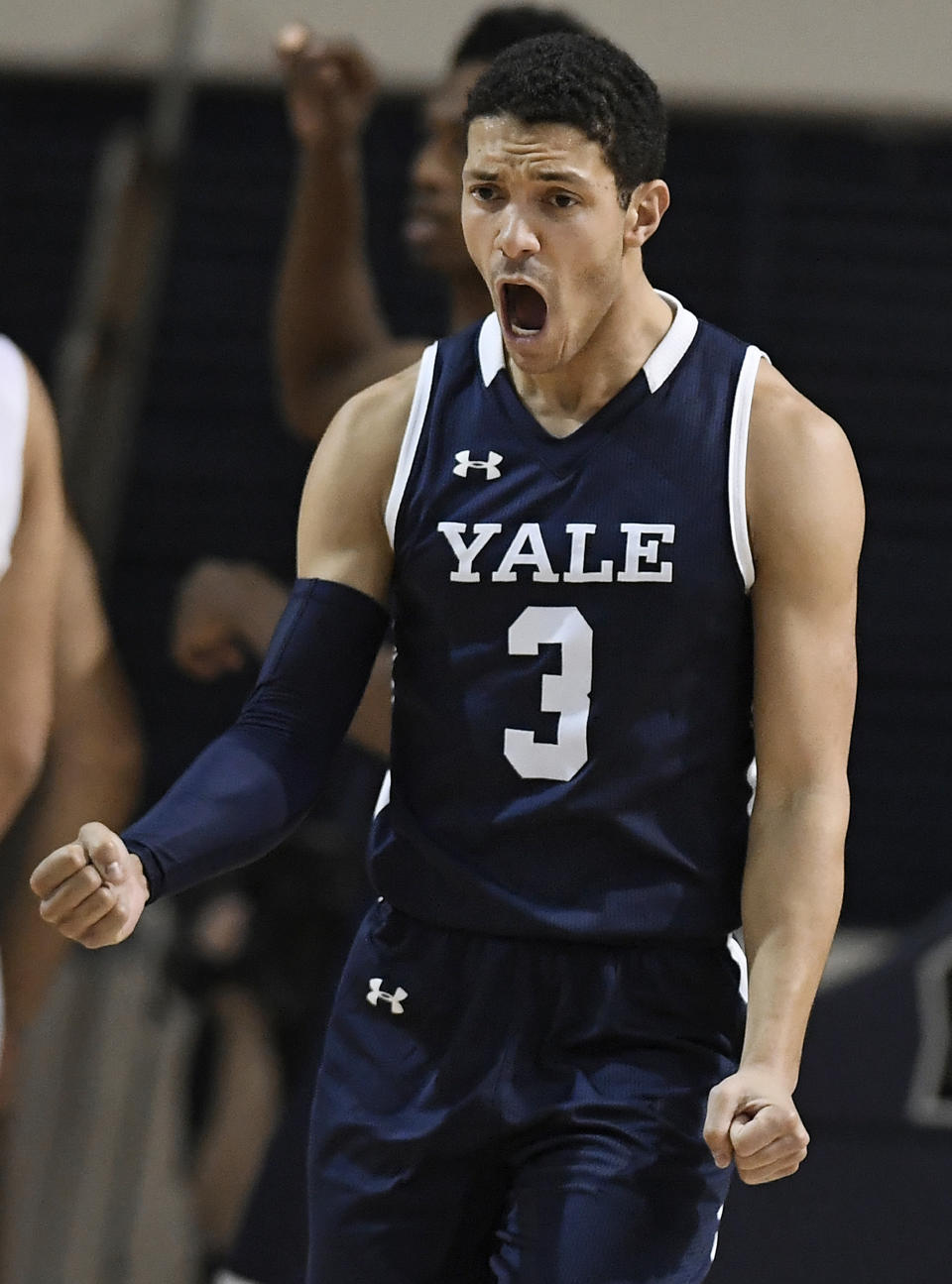 Yale's Alex Copeland reacts during the second half of an NCAA college basketball game for the Ivy League championship against Harvard at Yale University in New Haven, Conn., Sunday, March 17, 2019, in New Haven, Conn. (AP Photo/Jessica Hill)