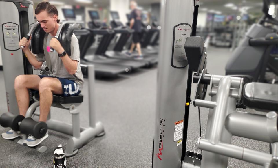 Hunter does leg exercises during a cardiac rehabilitation session at Texas Health Harris Methodist Hospital Fort Worth.