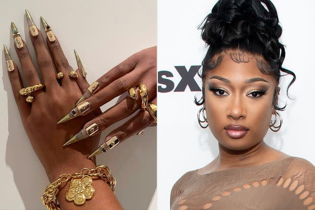 <p>Instagram; Getty</p> Megan Thee Stallion shows off her manicure featuring Coca Michelle NailCharms Frequency and Rising Collections by Kollectin