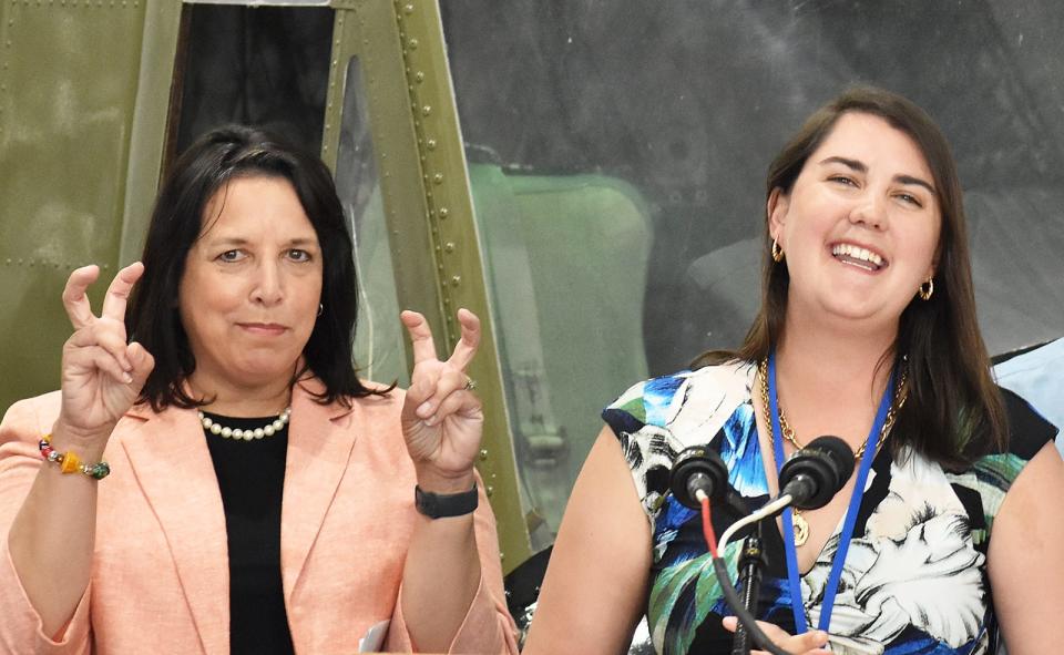 Lt. Gov. Kim Driscoll jokes when Meghan Rathbun, Battleship Cove's executive director, talks about her sleepover on the ship during a visit on Thursday, Aug. 3.